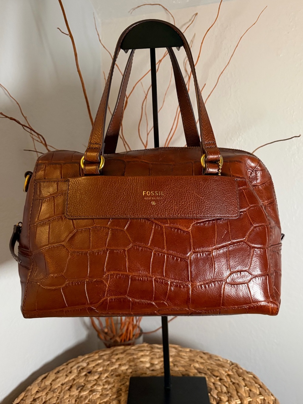 FOSSIL CROC-EMBOSSED LEATHER SATCHEL HANDBAG w/ DUST BAG
